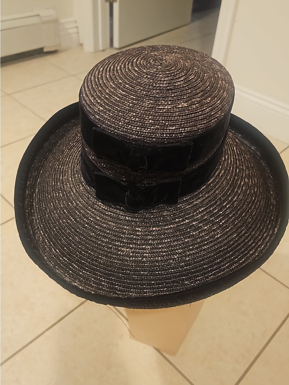 Tahari Black Straw Boater Hat Wide Brim Velvet Bow Dressy Sun Hat